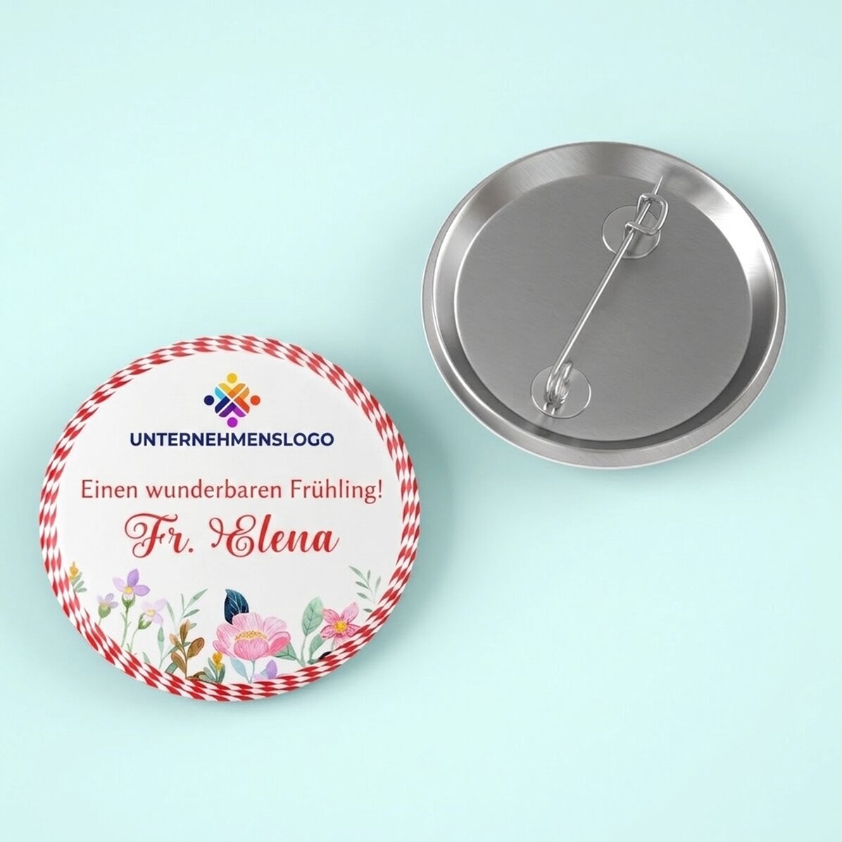 Personalisiertes Button mit Logo, Namen und Botschaft