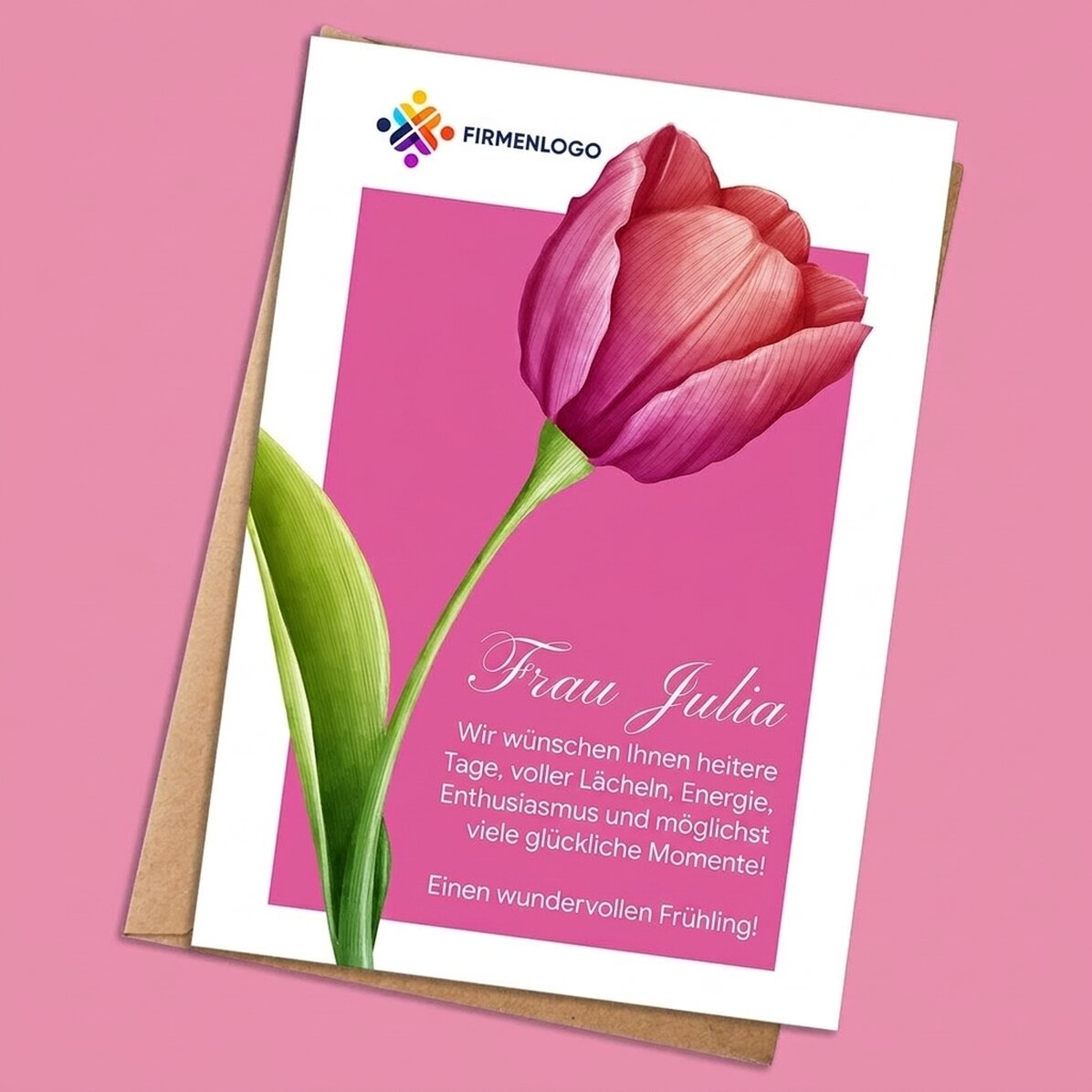 Individuell gestaltete Karte mit Text und Logo – Frühling