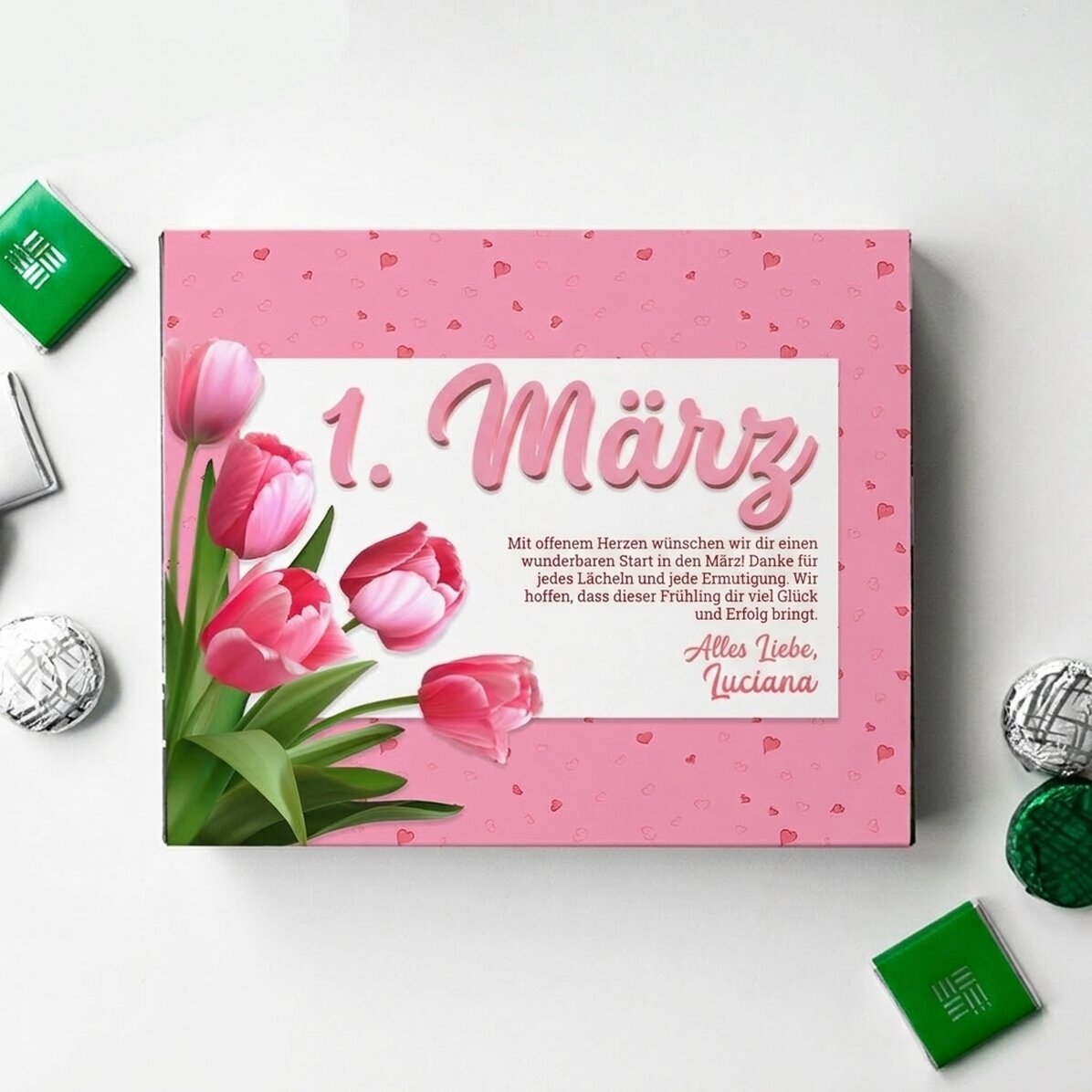 Personalisierte Pralinenschachtel mit Text – Pink Tulips