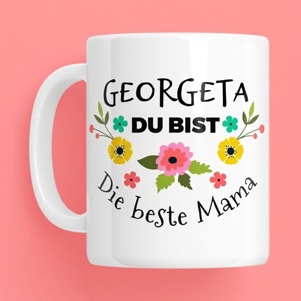 Personalisierte Tasse mit Text – Frühlingsblumen