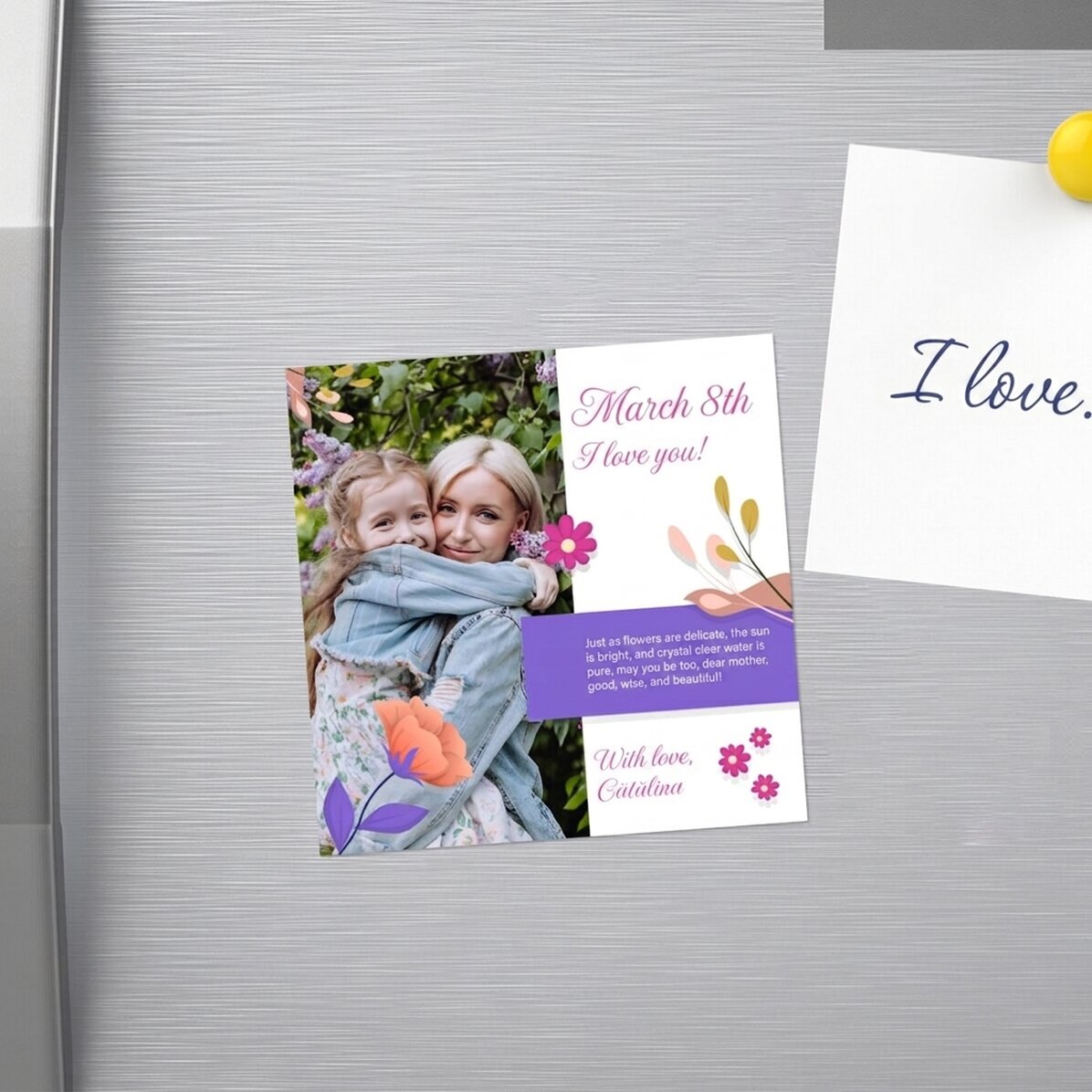 Individuell gestalteter Magnet 10x10 mit Foto und Text – Joyful