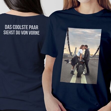 Personalisiertes Baumwoll-T-Shirt mit Foto und Text auf Vorder- und Rückseite