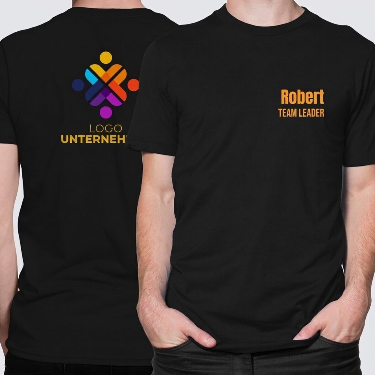 Personalisiertes Baumwoll-T-Shirt mit Text und Logo auf der Vorder- und Rückseite