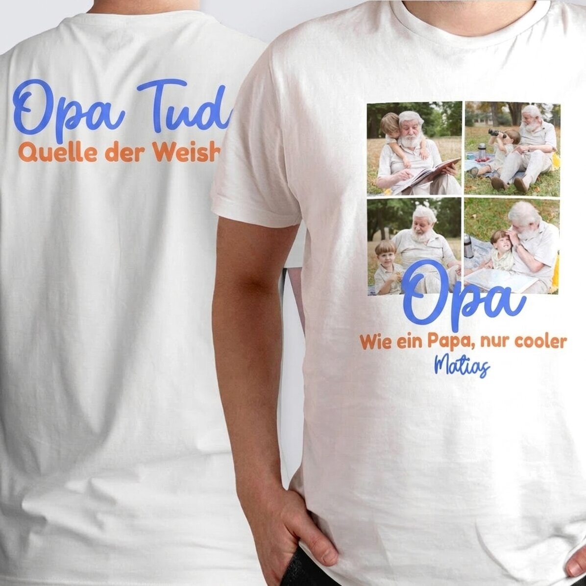 Personalisiertes Baumwoll-T-Shirt mit 4 Fotos und Text auf Vorder- und Rückseite – Memories