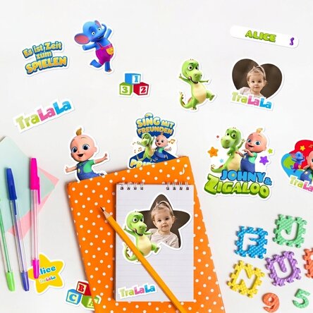 Individuell gestaltetes Aufkleber-Set (selbstklebende Etiketten) mit Text und Bildern – TraLaLa