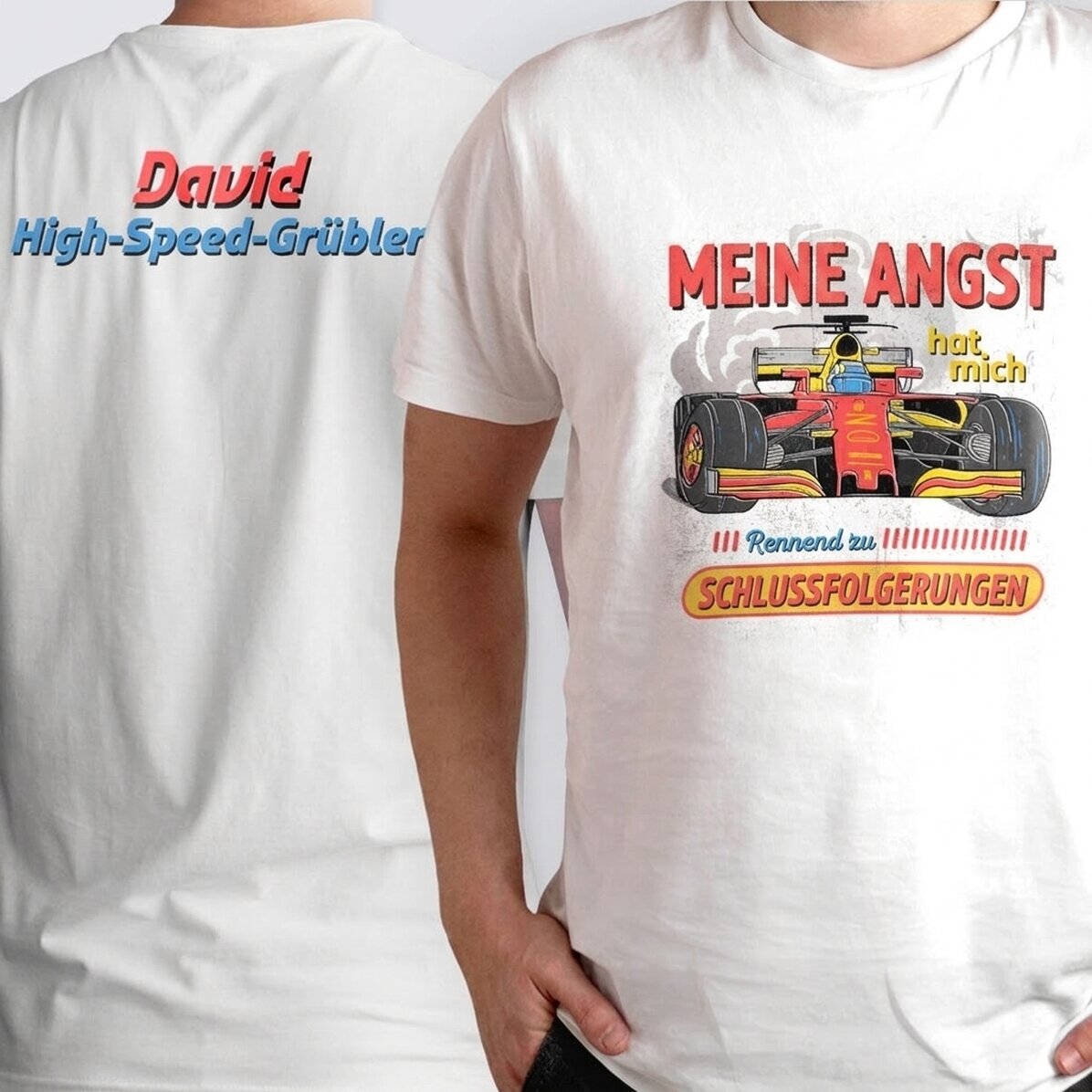 Personalisiertes Baumwoll-T-Shirt mit Aufdruck auf Vorder- und Rückseite – Racing Thoughts