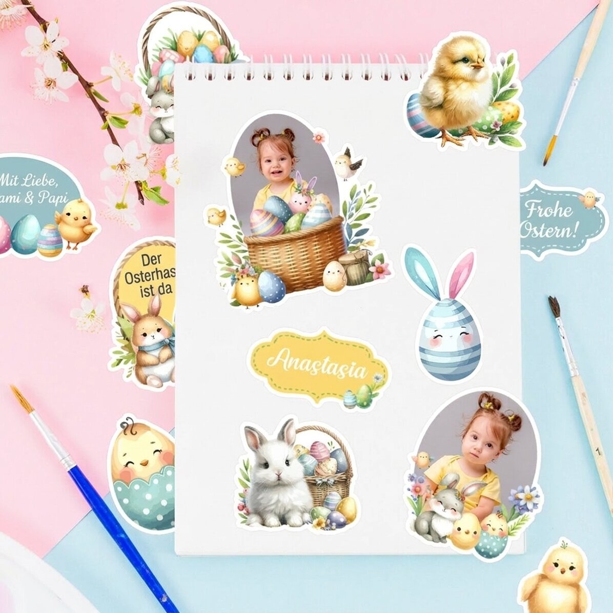 Set mit personalisierten Aufklebern (selbstklebende Etiketten) mit Fotos und Text – Frohes Osterfest
