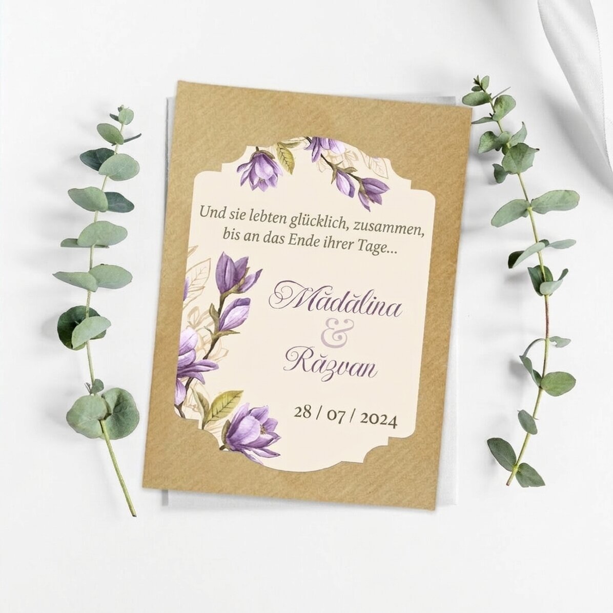 Individuell gestaltete Pflanzbare Gastgeschenke mit Botschaft für die Hochzeit – Lila Blumen