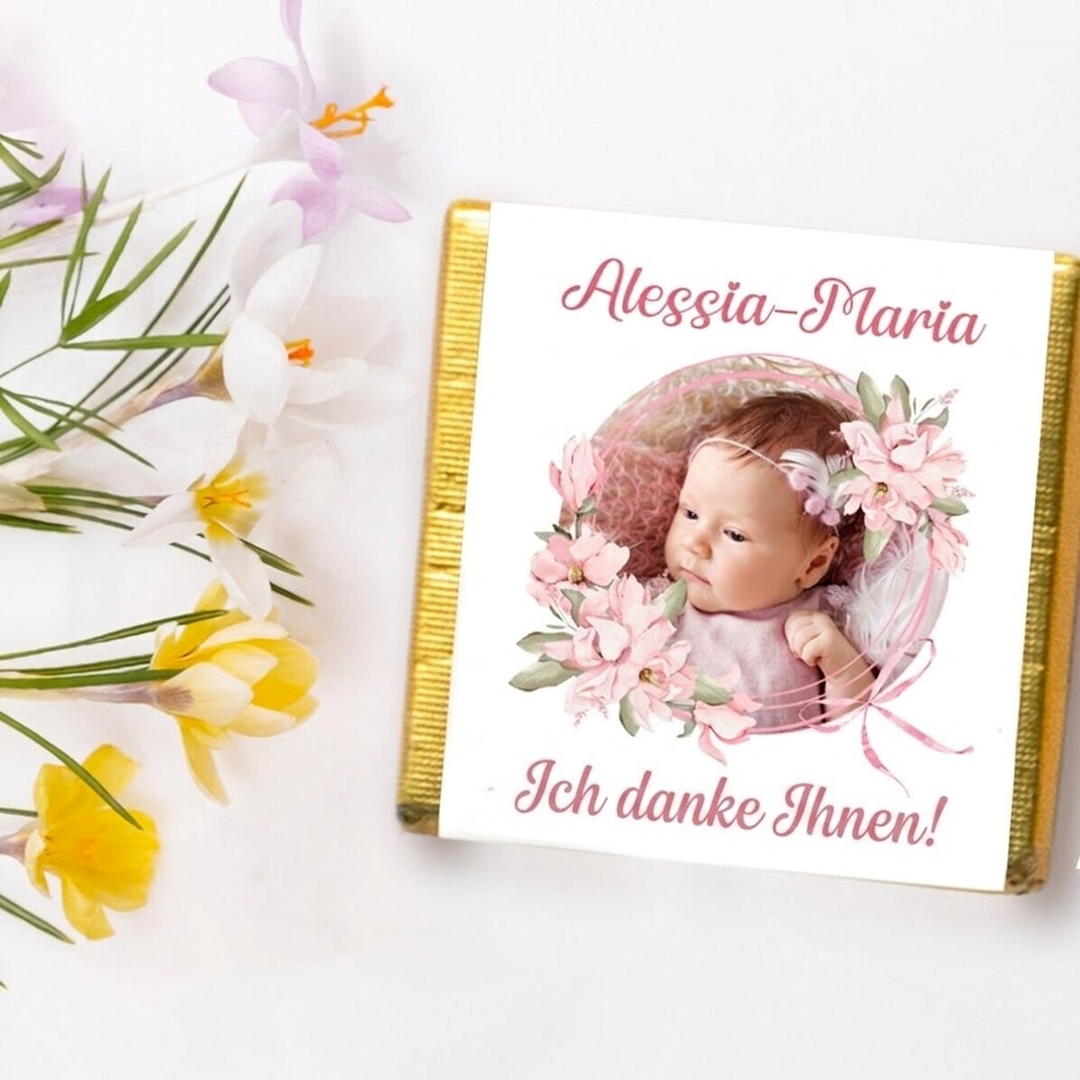 Personalisierte Mini-Schokolade als Taufgeschenk mit Foto und Text – Rosa
