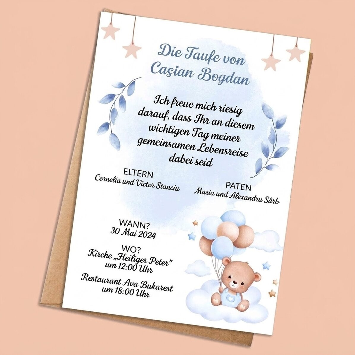 Individuell gestaltete Karte mit Text – Einladung zur Taufe – Bärchen
