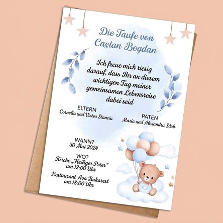 Individuell gestaltete Karte mit Text – Einladung zur Taufe – Bärchen