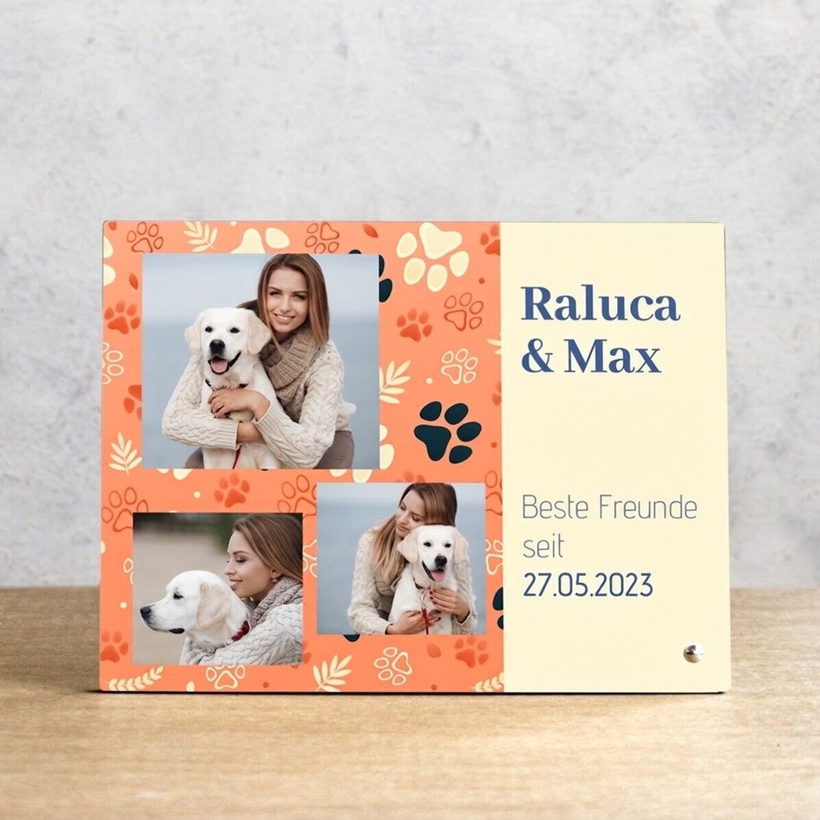 Personalisierter Fotorahmen für den Schreibtisch mit 3 Fotos und Text für Tierfreunde