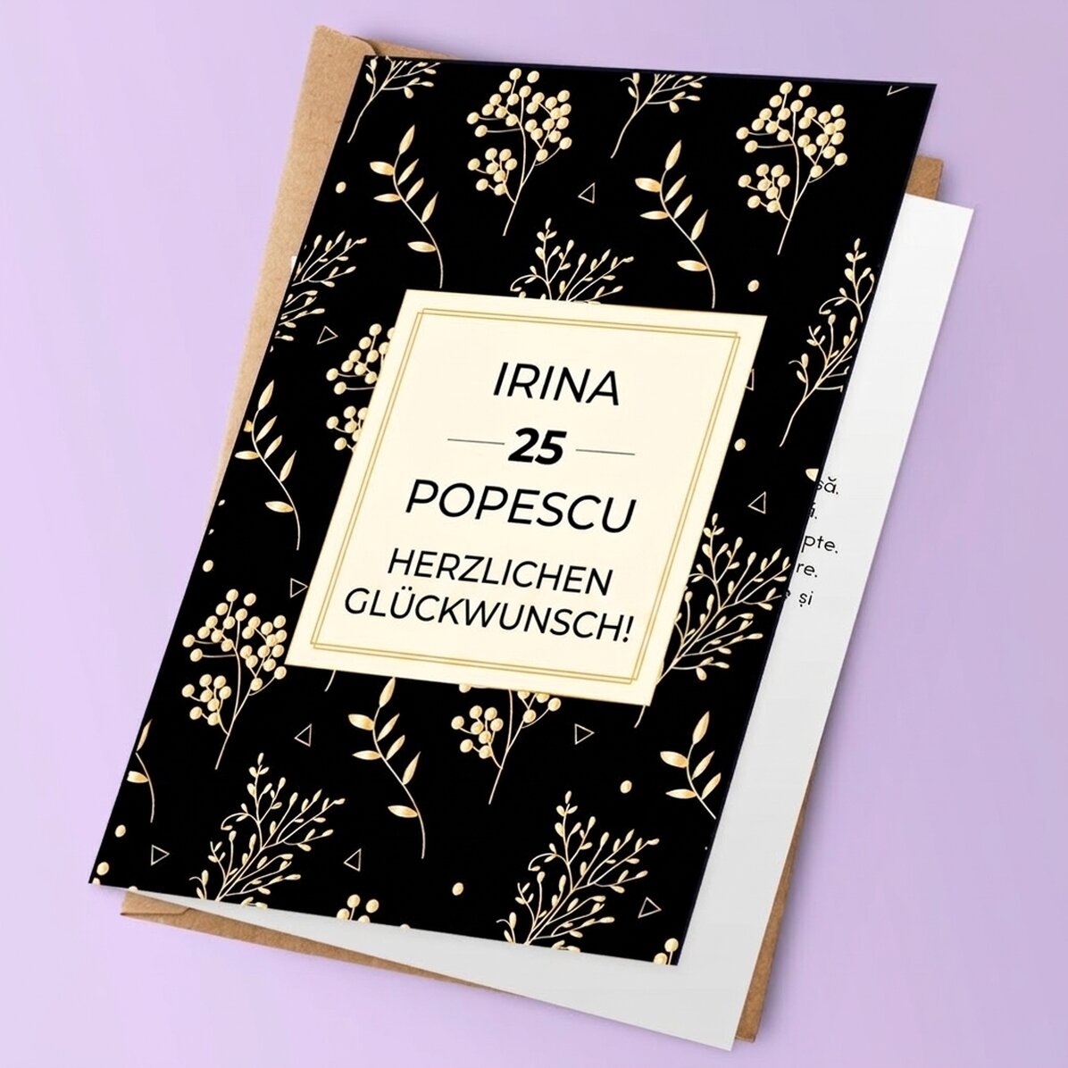 Personalisierte Grußkarte mit Text – Gold flowers