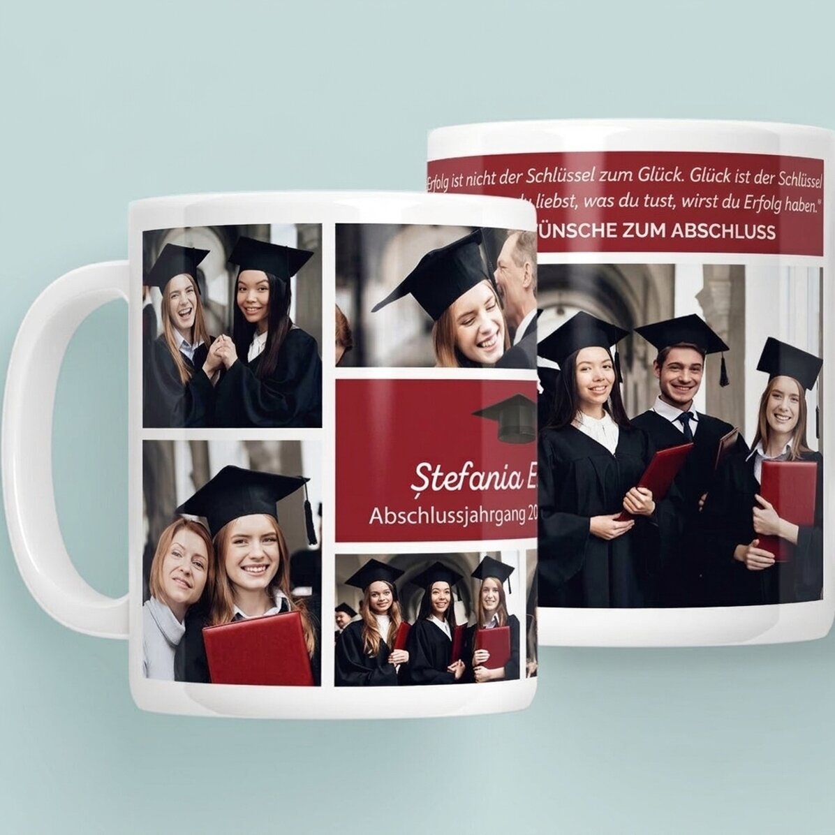 Personalisierte Tasse mit 6 Fotos und einer Botschaft – Schulabschluss