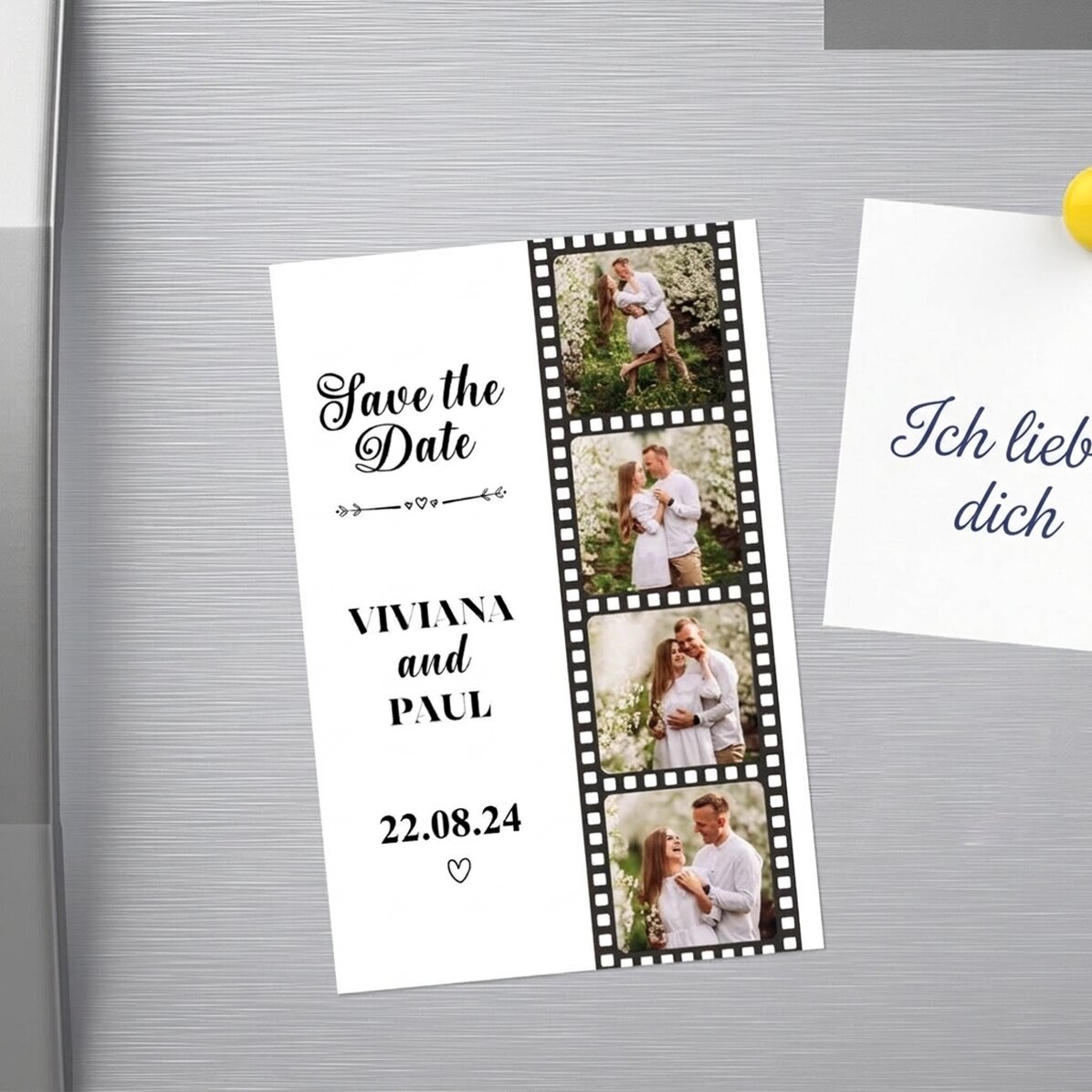 Individuell gestalteter Magnet (10 x 15 cm) mit 4 Fotos und Text – Save the date