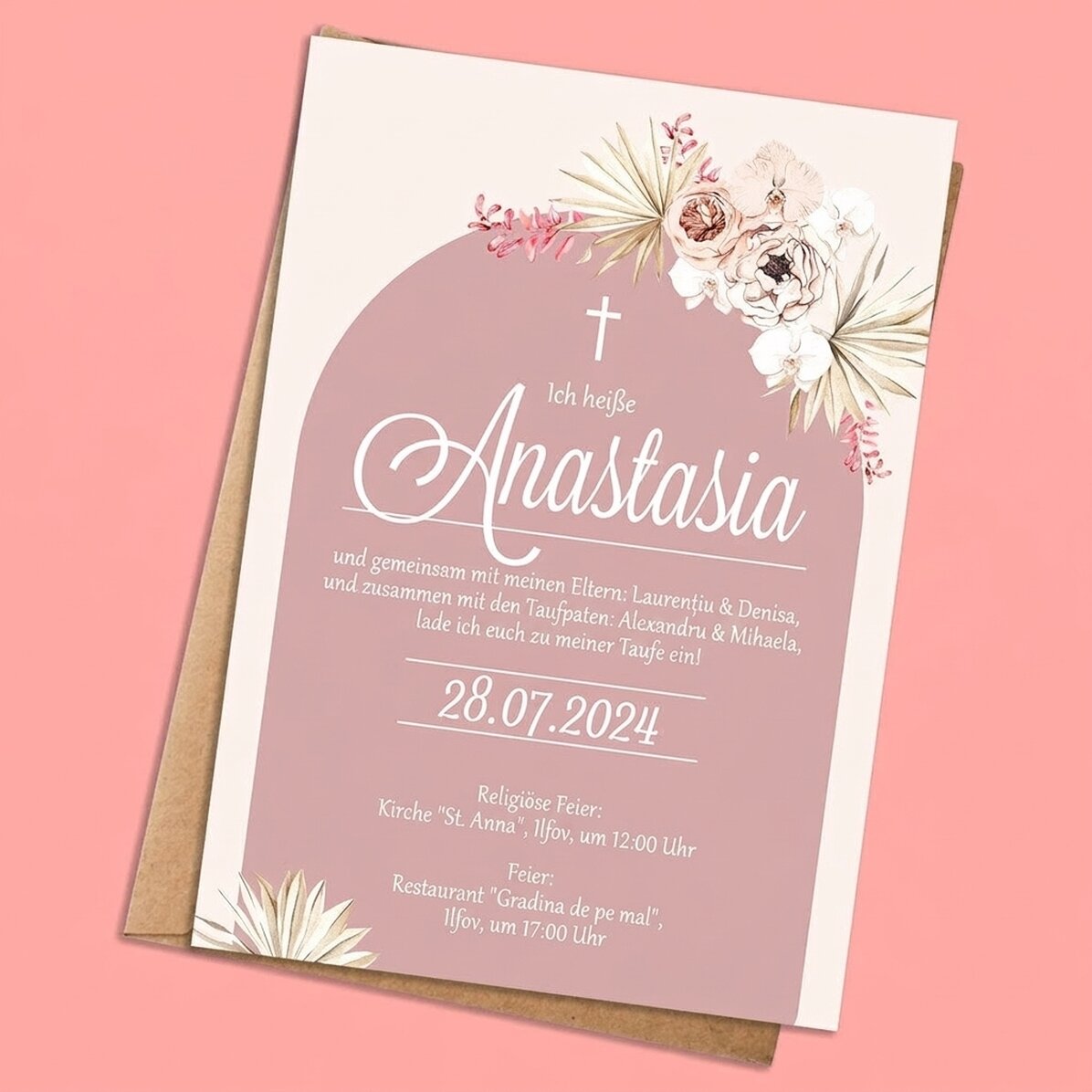 Individuell gestaltete Karte mit Text – Einladung zur Taufe – Pink Elegance