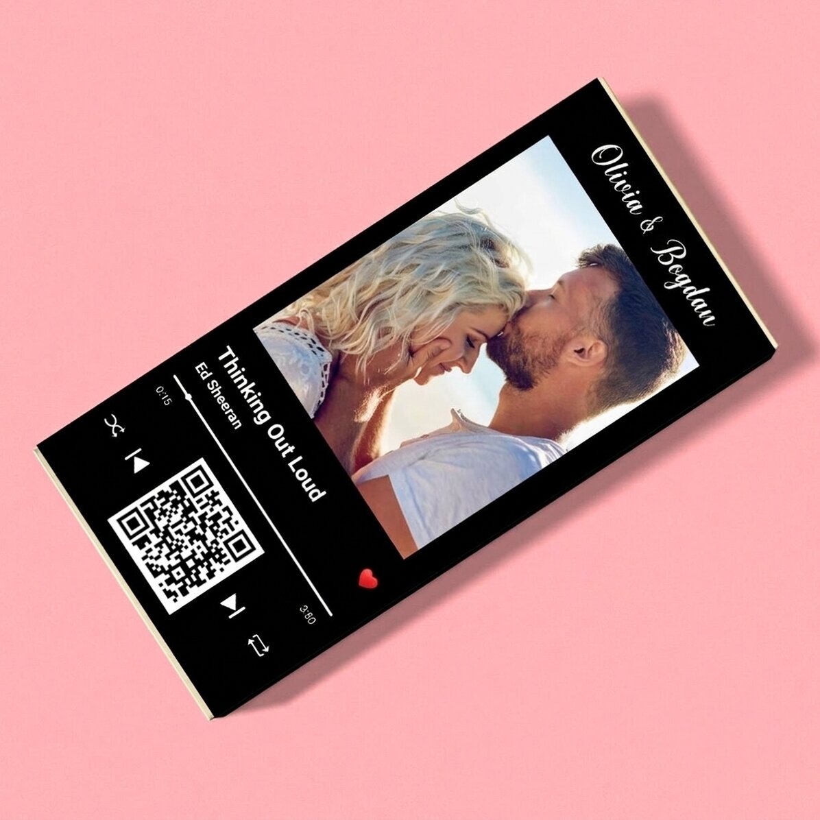 Personalisierte Schokolade mit Foto, Text und QR-Code – Unser Lied