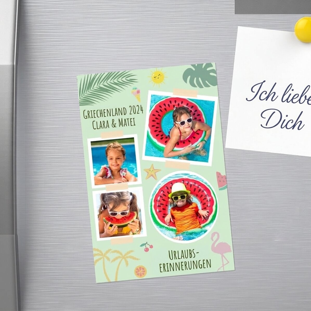 Individuell gestalteter Magnet (10 x 15 cm) mit 4 Fotos und Text – Urlaub