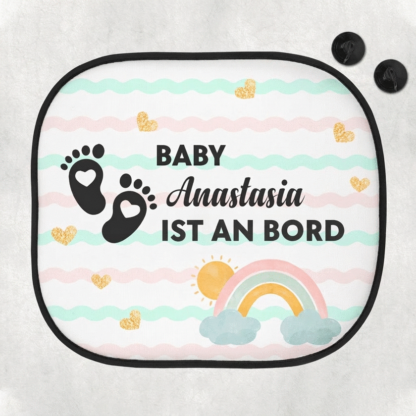 Individuell gestalteter Sonnenschutz für das Auto mit der Aufschrift „Baby on board“