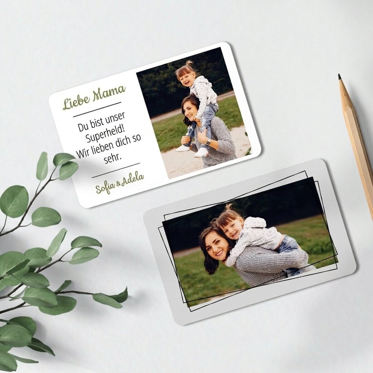 Individuell gestaltete Aluminiumkarte (Vorder- und Rückseite) mit 2 Fotos und einer Botschaft