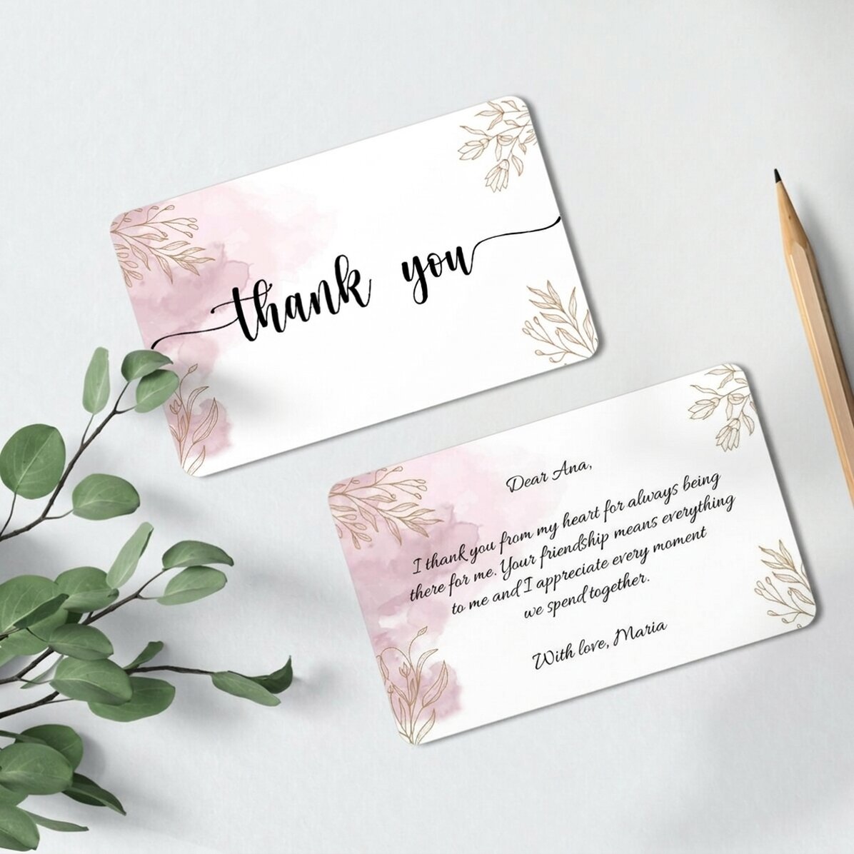 Individuell gestaltete Aluminiumkarte, beidseitig bedruckt, mit der Aufschrift „Thank you“