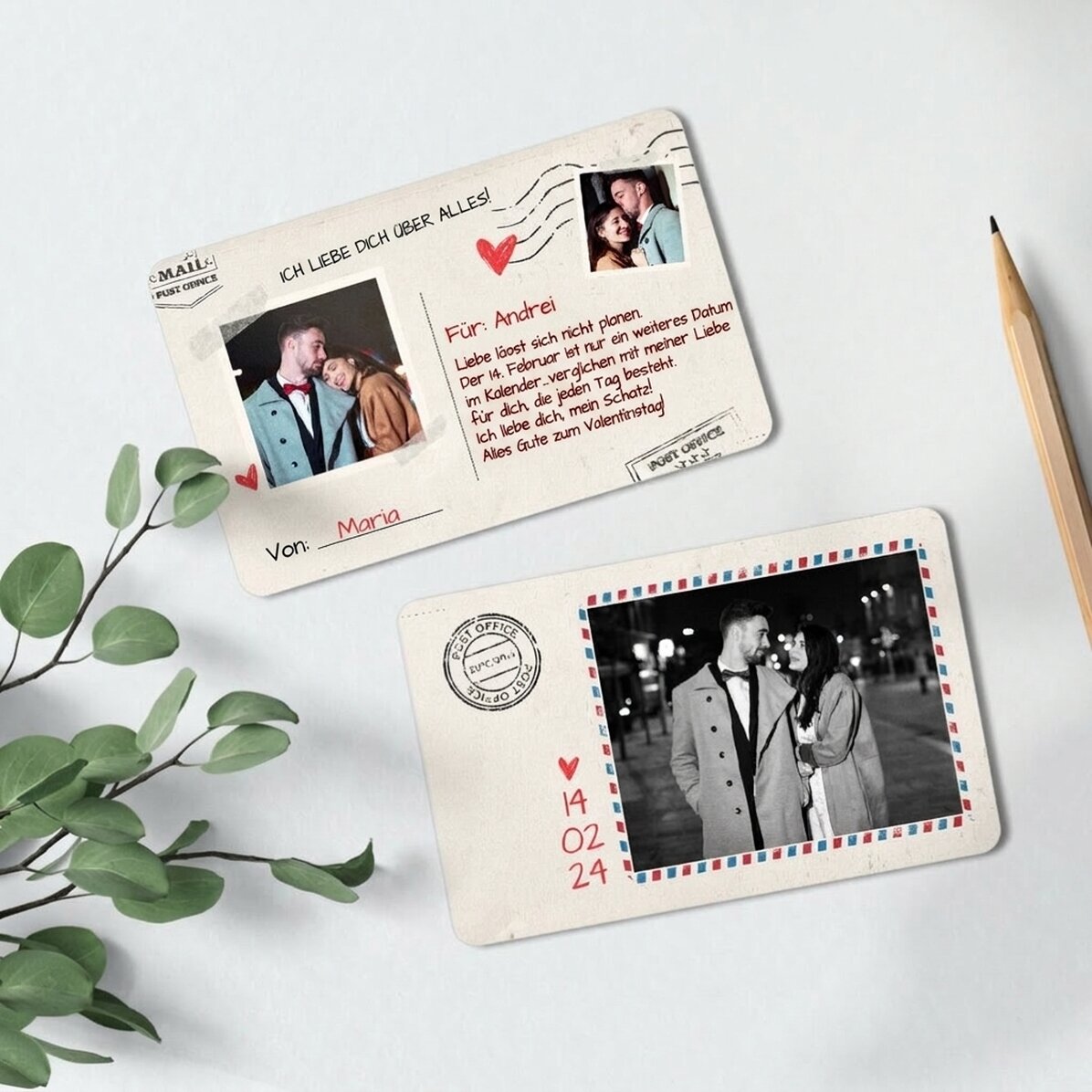 Individuell gestaltete Aluminiumkarte (Vorder- und Rückseite) mit Text und zwei Fotos – Postkarte