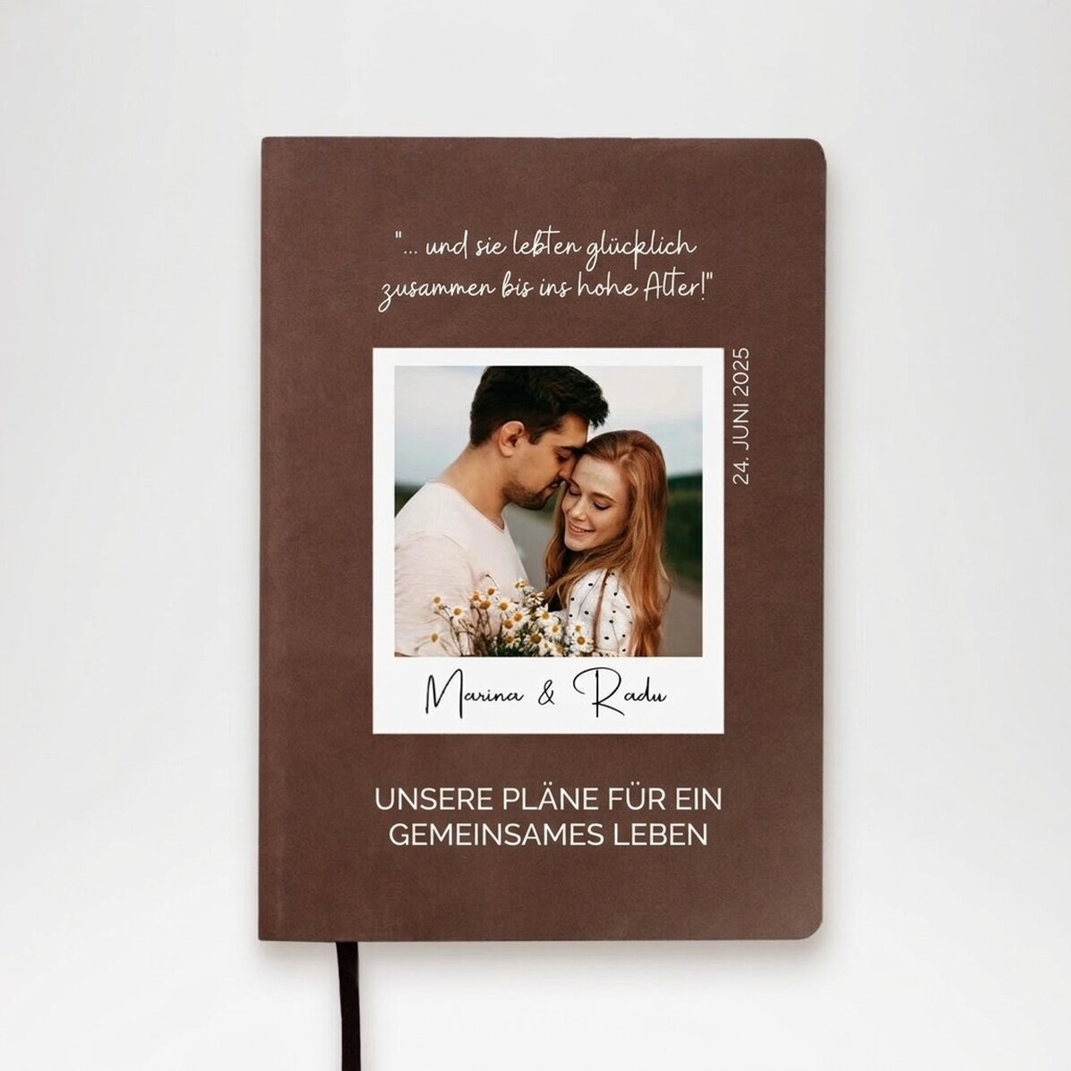 Personalisierter, farbiger Lederkalender mit einem Foto und einer Botschaft