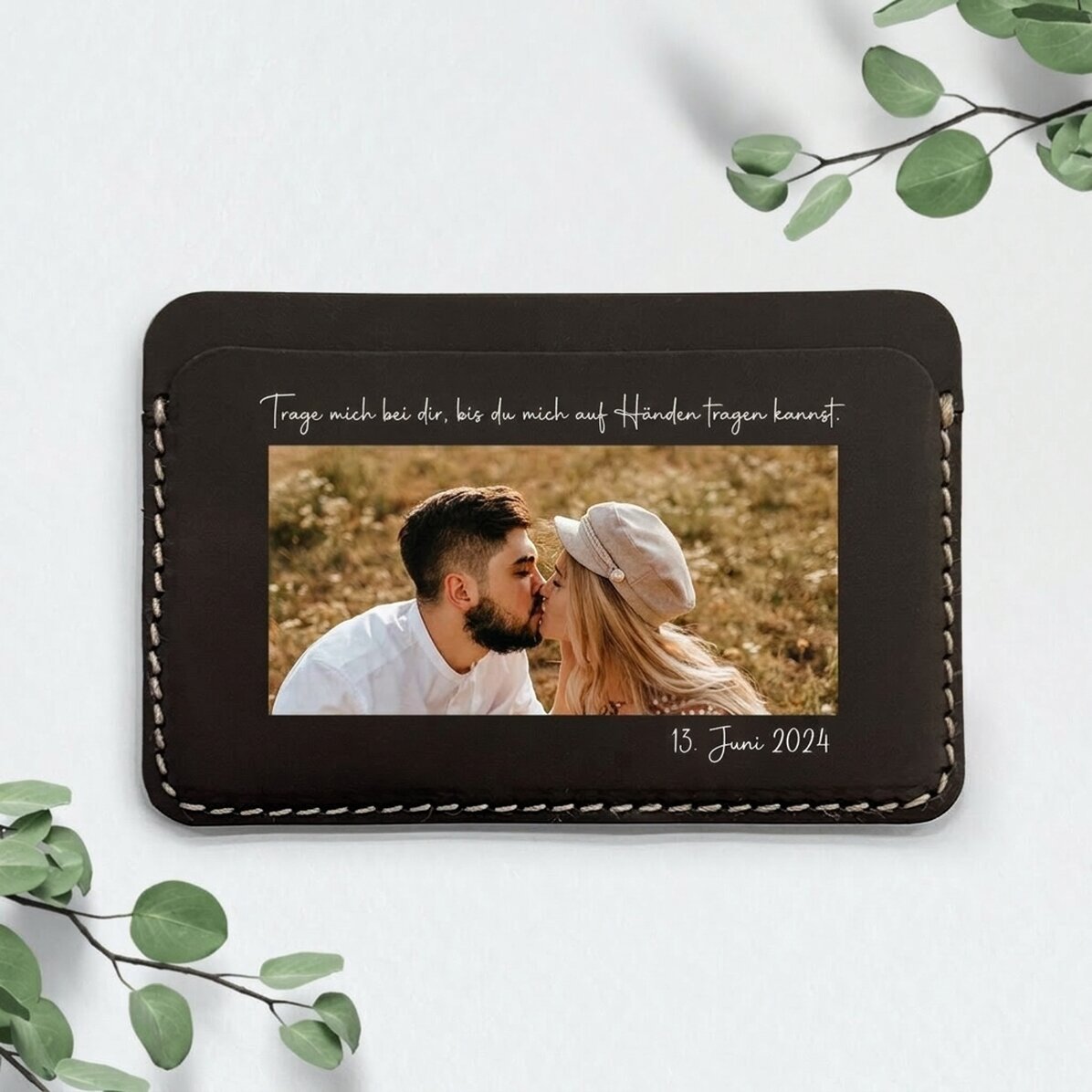 Personalisierte farbige Lederbrieftasche mit Foto und Botschaft