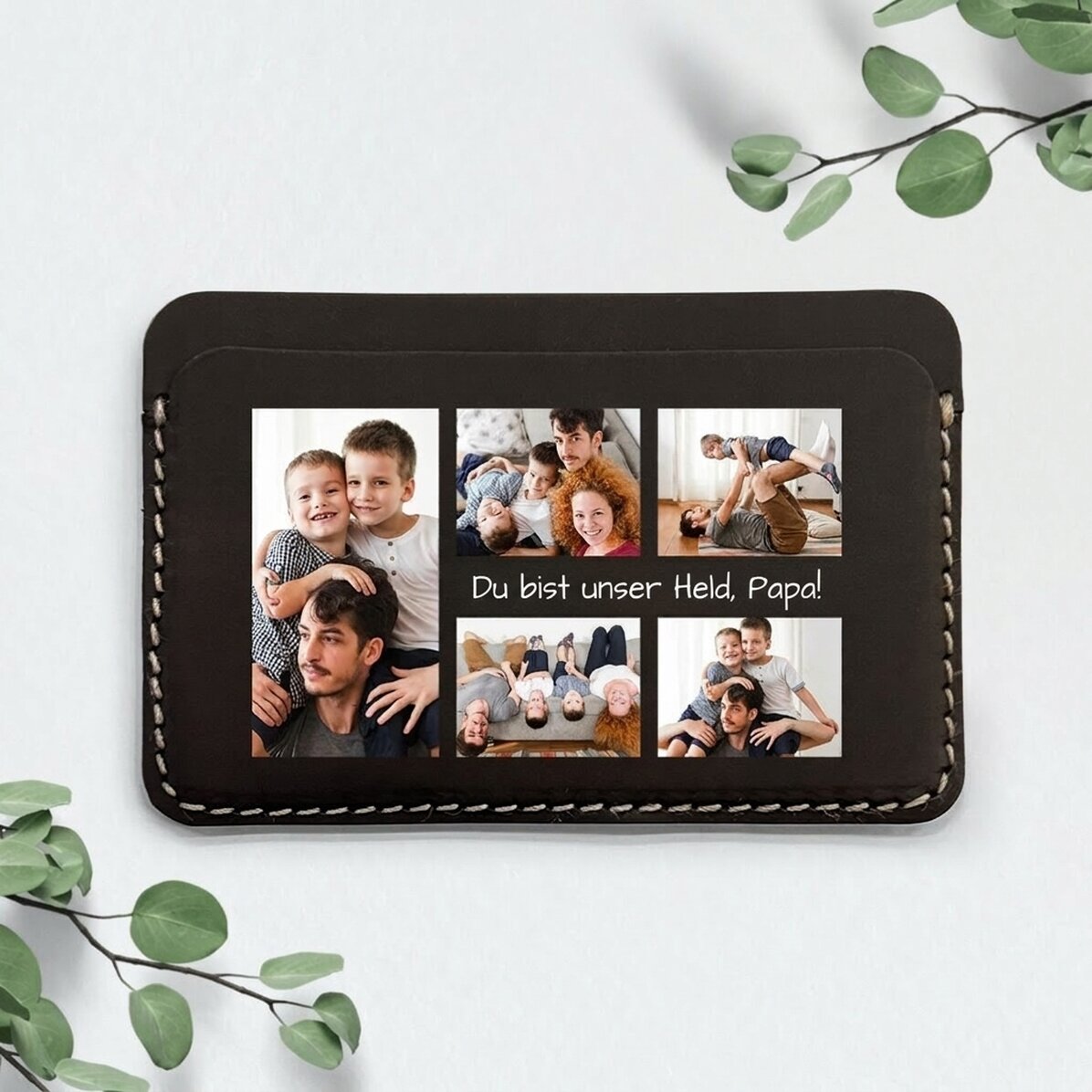 Personalisierte farbige Lederbrieftasche mit Botschaft und 5 Fotos