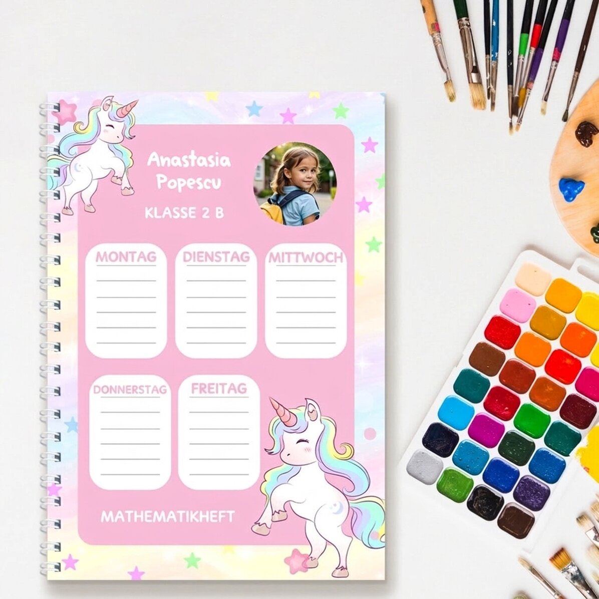 Personalisiertes Notizbuch mit Foto und Text – Stundenplan „Einhörner“