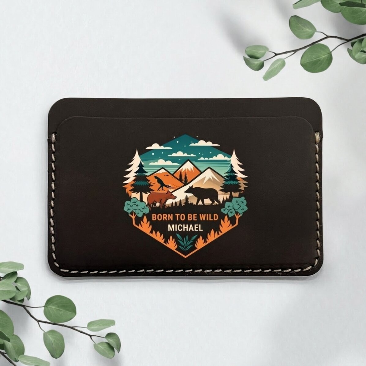 Personalisierte, farbige Lederbrieftasche mit Schriftzug – Wild