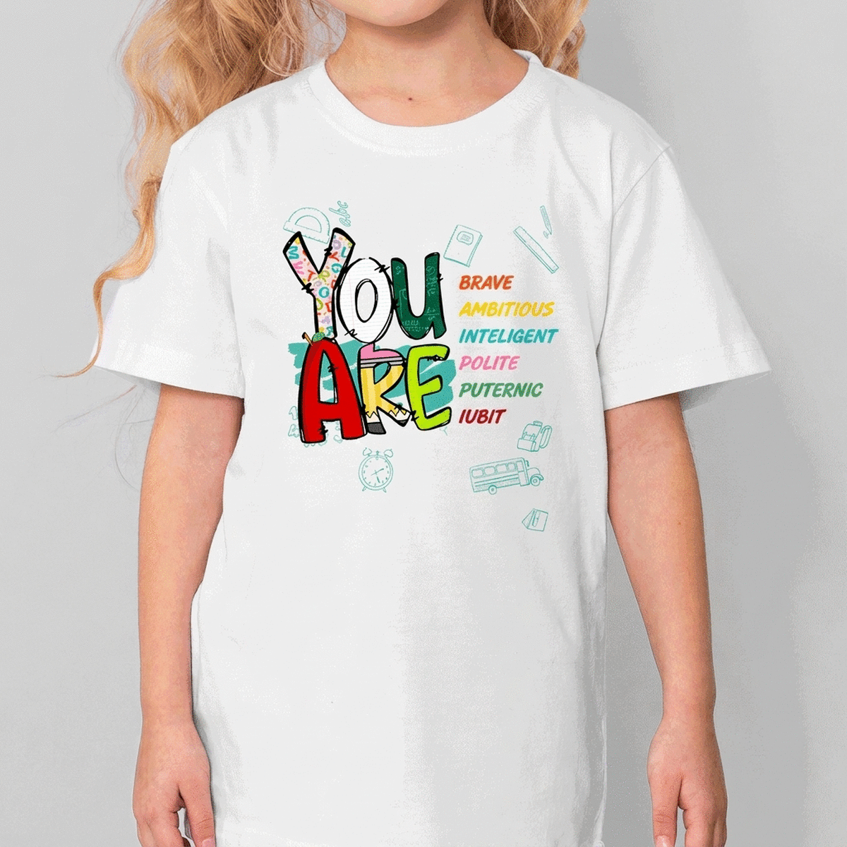 Personalisiertes Baumwoll-T-Shirt für Kinder für die Schule mit einem motivierenden Spruch – Du bist