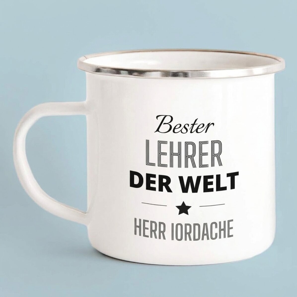 Personalisierte emaillierte Metalltasse mit Botschaft – Lehrer