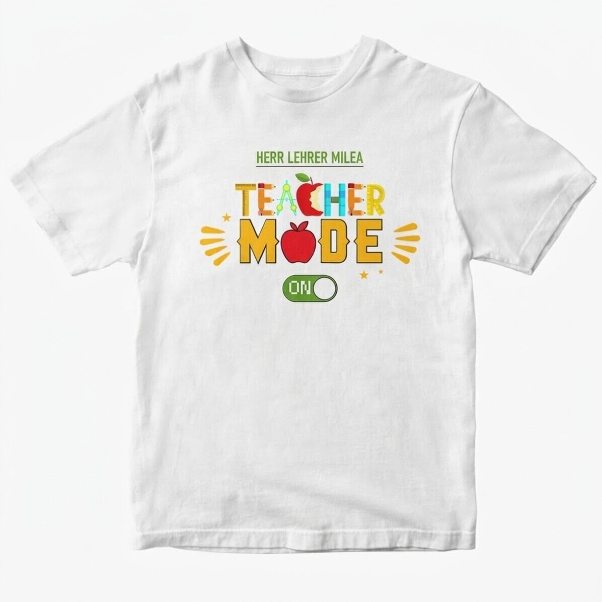 Personalisiertes Baumwoll-T-Shirt mit Aufdruck – „Teacher mode on“