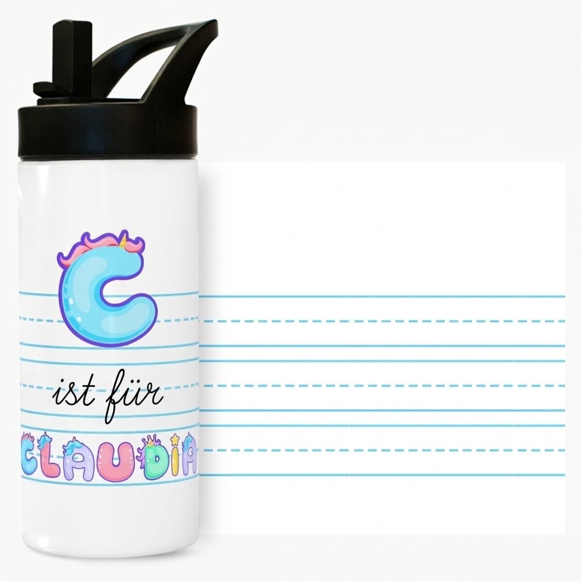 Thermosflasche mit Griff und personalisiertem Strohhalm – Einhorn-Modell