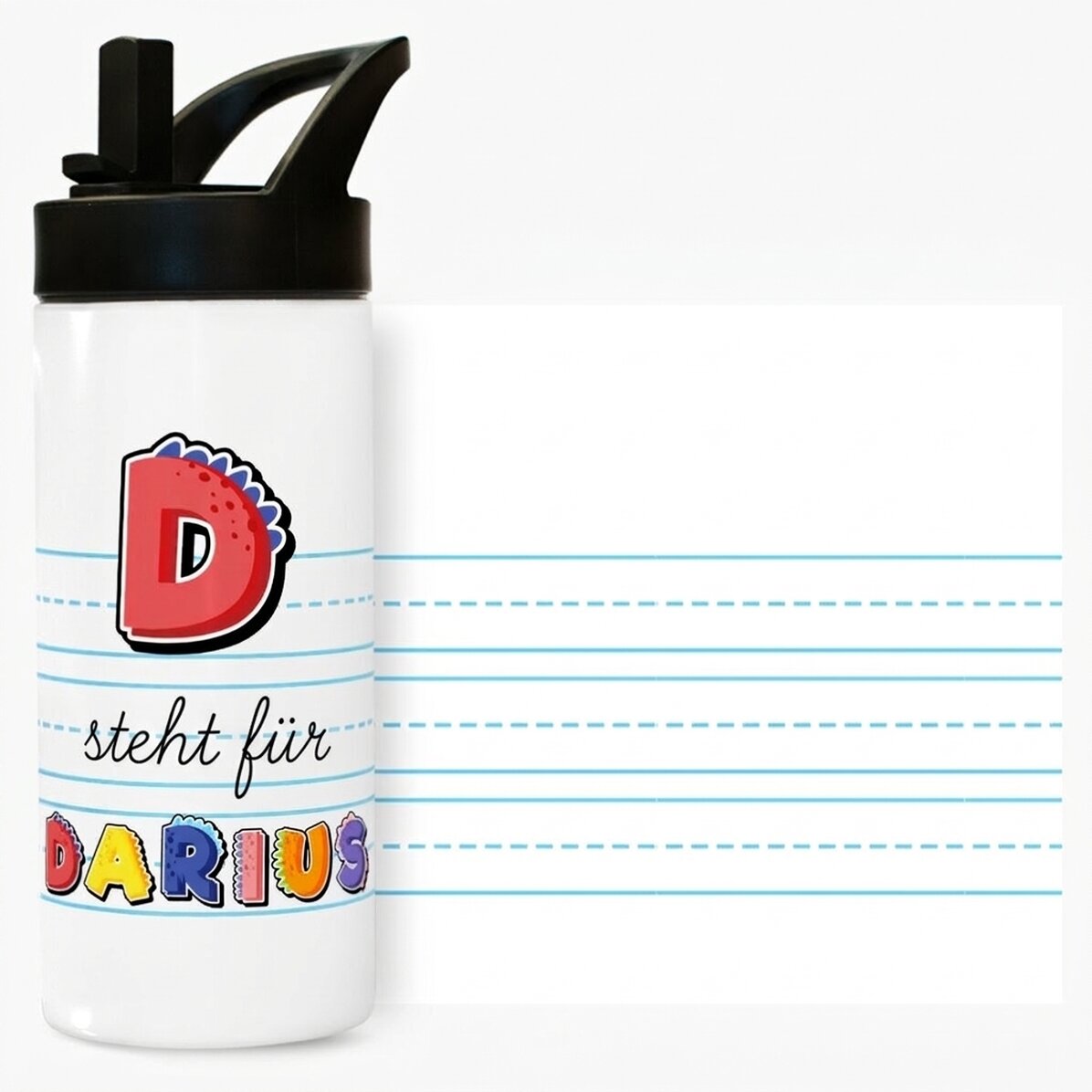 Thermosflasche mit Griff und personalisiertem Strohhalm – Modell „Dinosaurier“