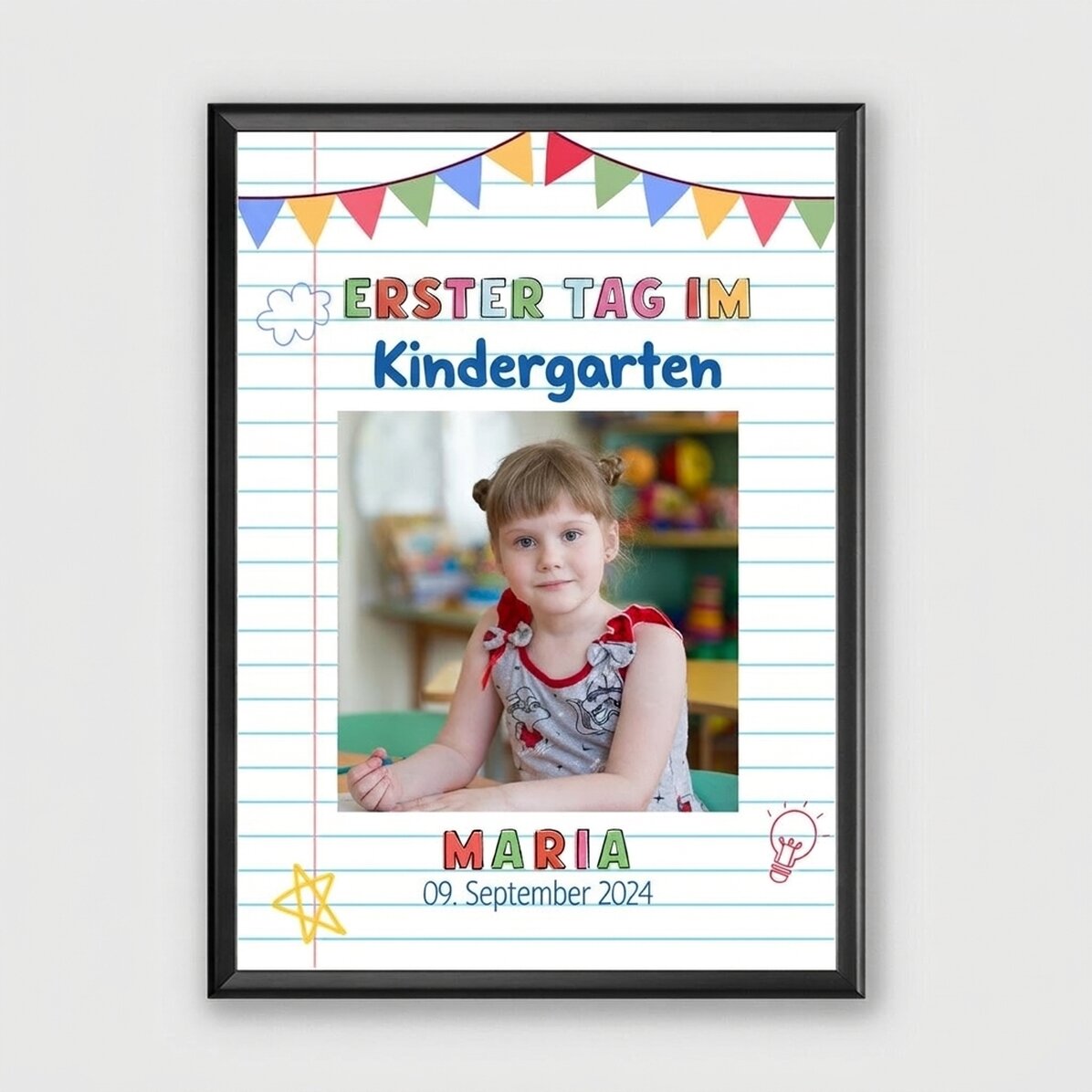 Individuell gestaltetes Bild mit Text und 1 Foto – Der erste Tag im Kindergarten