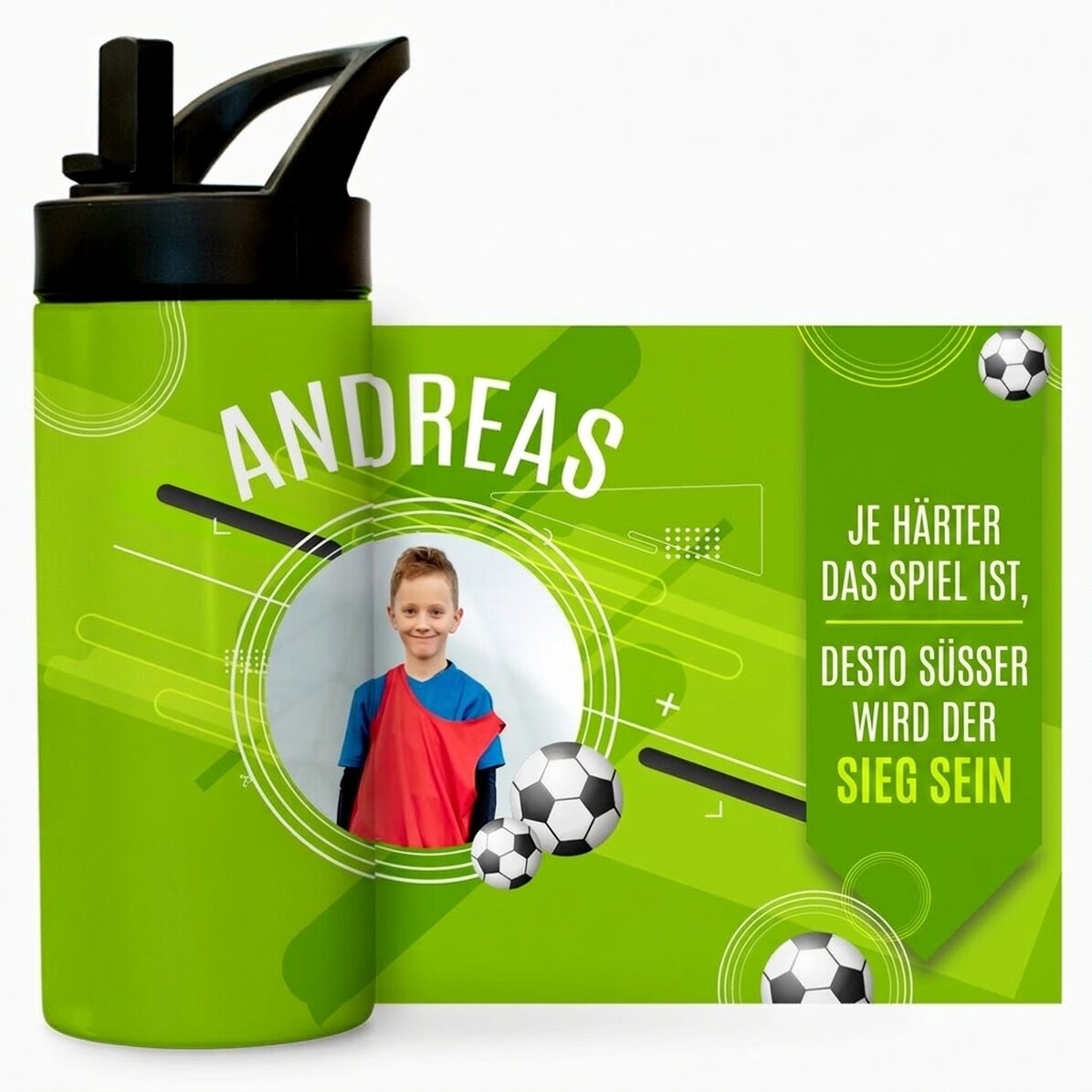 Thermoskanne mit Griff und personalisiertem Strohhalm mit Text und Foto – Der kleine Fußballer
