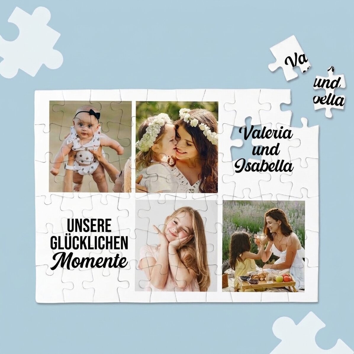 Individuell gestaltetes Puzzle mit 4 Fotos und Text – Momente