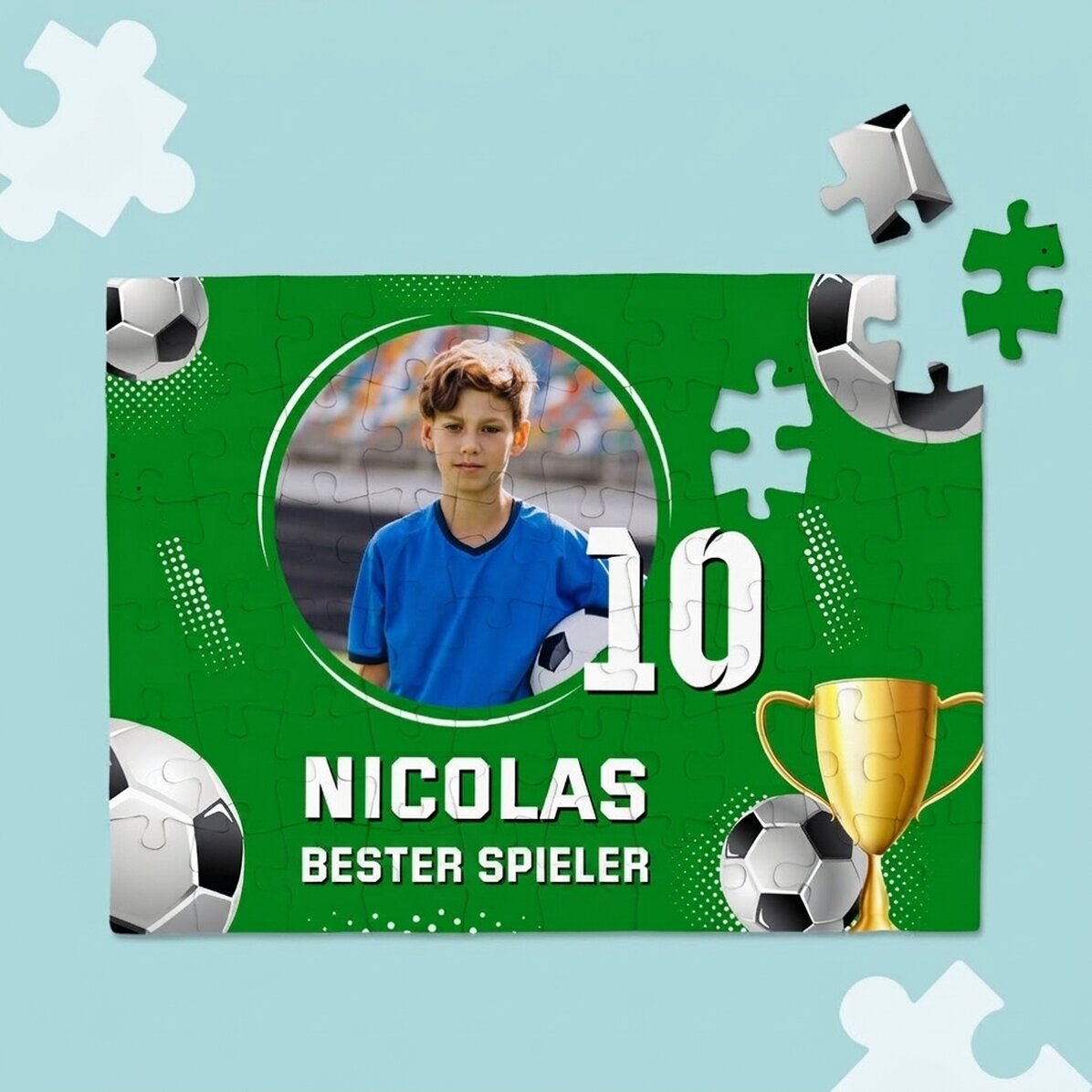 Individuell gestaltetes Puzzle mit Foto und Botschaft – Fußball