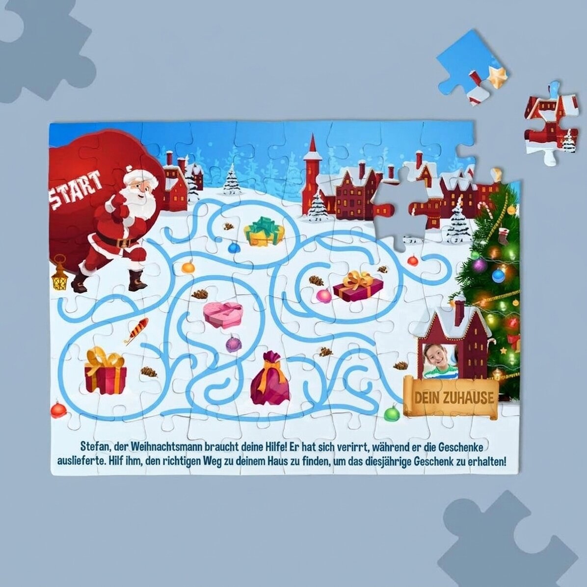 Individuell gestaltetes Puzzle für Kinder mit Foto und Text – Der Weg des Weihnachtsmanns