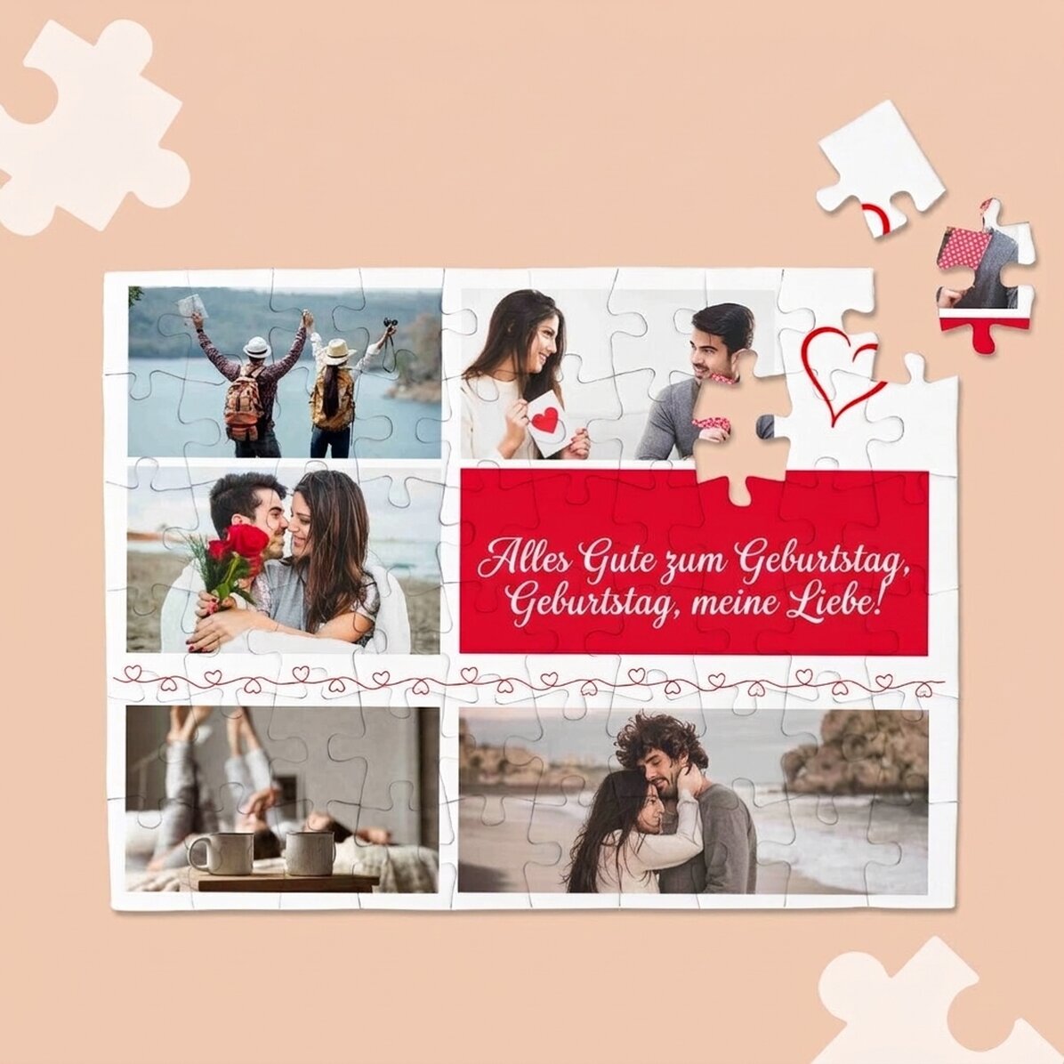 Individuell gestaltetes Puzzle mit 5 Fotos und Text – Hearts