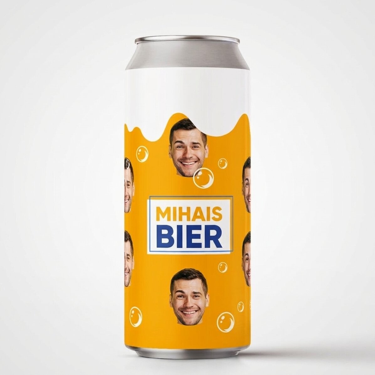 Bier in einer individuell gestalteten Dose mit Text und Foto