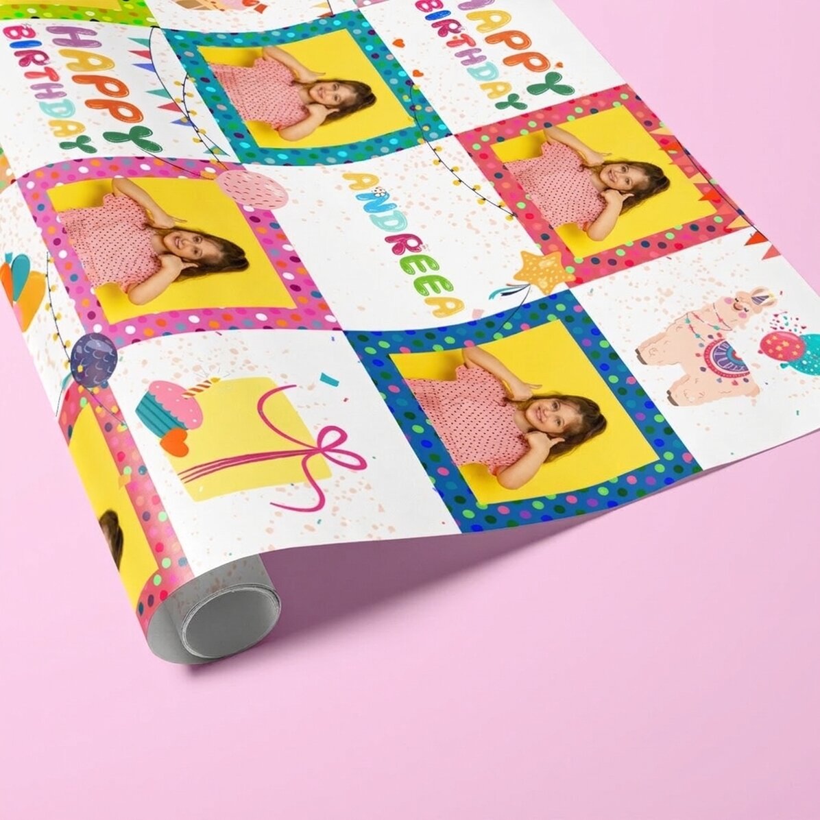 Individuell gestaltetes Geschenkpapier mit Text und Foto – Alles Gute zum Geburtstag – Rosa
