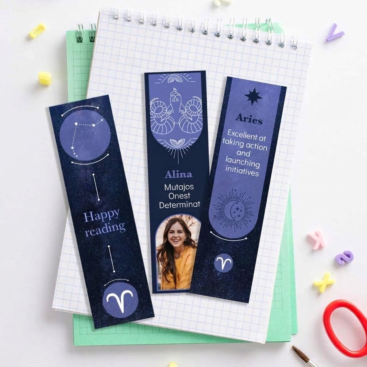 Set mit 3 personalisierten Lesezeichen mit Botschaft und Foto – Sternzeichen Widder