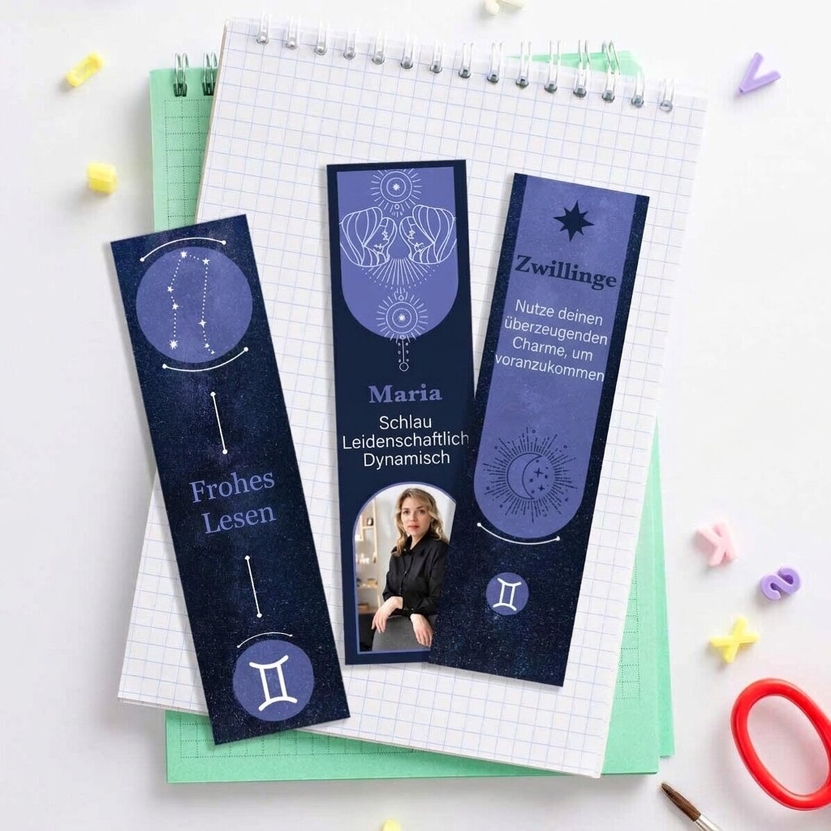 Set mit 3 personalisierten Lesezeichen mit Botschaft und Foto – Sternzeichen Zwillinge