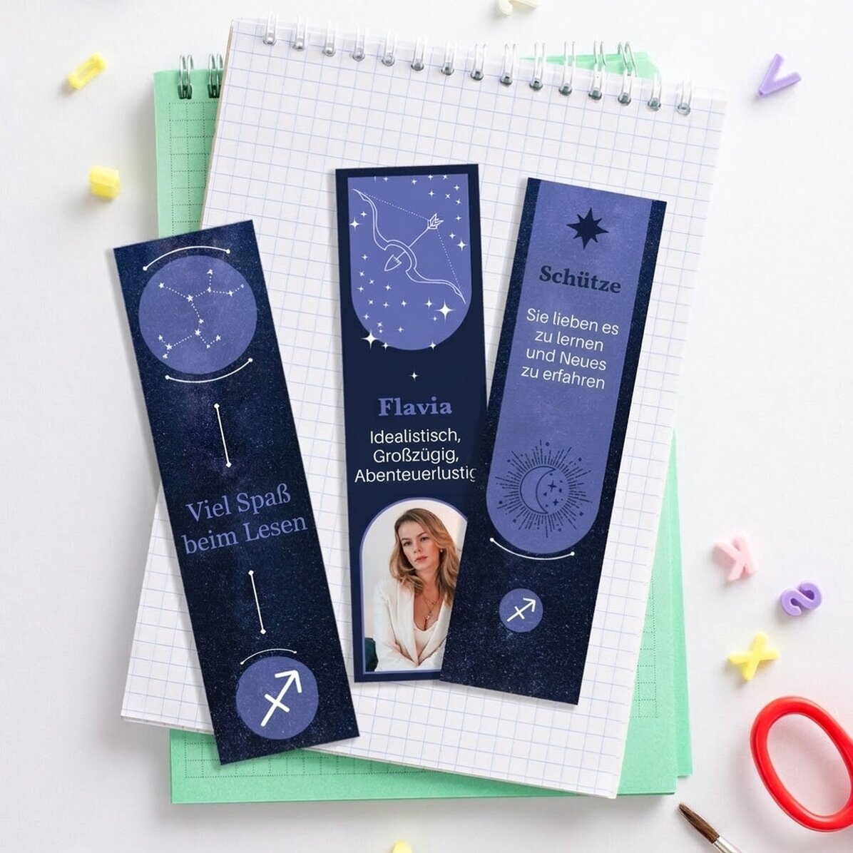 Set mit 3 personalisierten Lesezeichen mit Botschaft und Foto – Sternzeichen Schütze