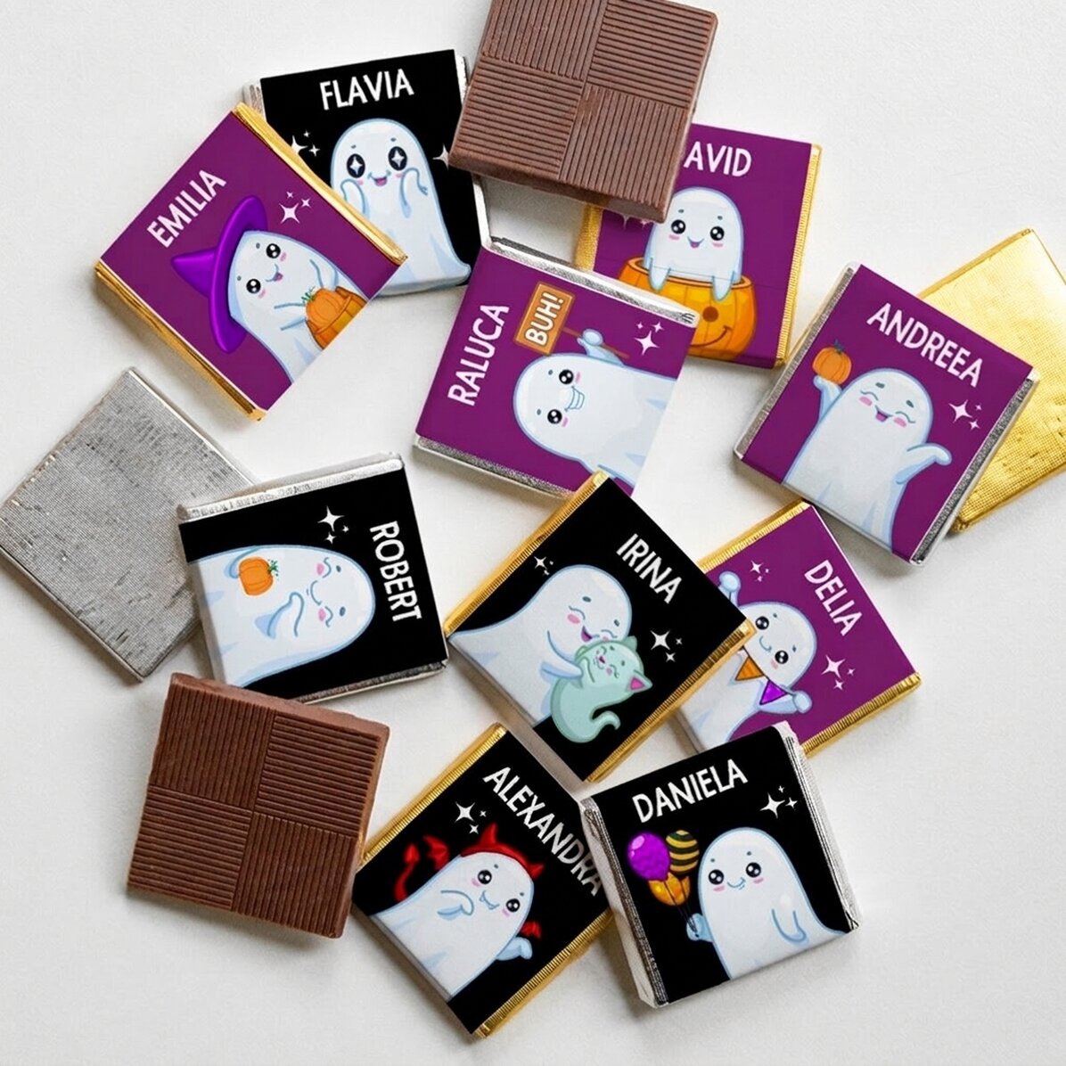 10er-Set personalisierte Mini-Pralinen mit Text – Cute Halloween