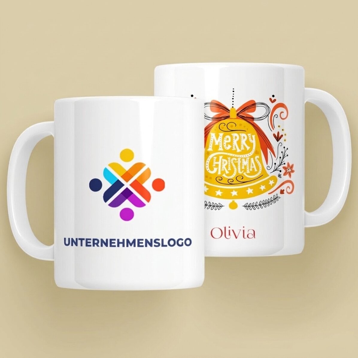 Personalisierte Tasse mit Text und Logo – Glocke „Merry Christmas“