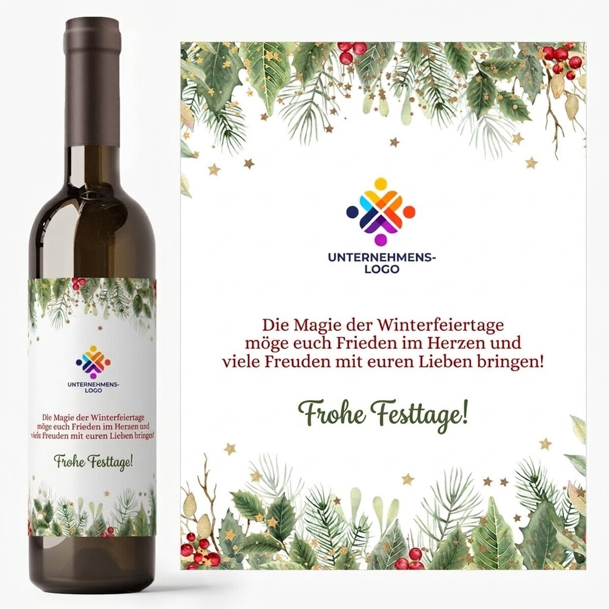 Wein mit individueller Beschriftung und Logo – Frohe Feiertage!